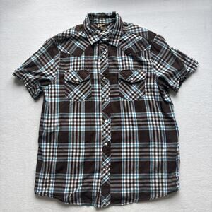 Roebuck & Co Western Shirt‎ Mens Large Brown Blue Plaid Snap Front Short Sleeve